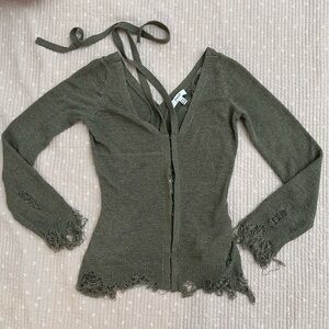 (Sold) Twist Distressed Fringe Knit Cardigan Olive Green